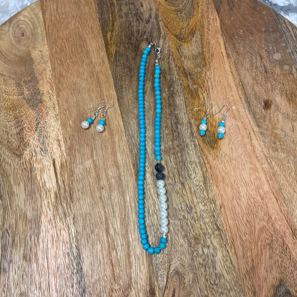 Turquoise, Pearl, and Laborite Necklace w/ 2 earring sets - handmade - Picture 2 of 6